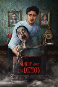Sorry About the Demon 2 Homem apavorado segura mulher-demônio. Quadros chocados. Bolo preto sangrento com fumaça. Terror cômico.