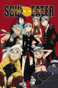 Sete personagens de anime, jovens e um gato, com estilos e expressões variadas, posam em um fundo vermelho. Clima enérgico e misterioso.