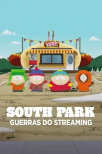 Quatro meninos de desenho animado com casacos e gorros,em frente a um carrinho de cachorro-quente gigante com um pão. Cenário montanhoso e invernal.