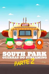 Quatro meninos de desenho animados em frente a um carrinho de cachorro-quente temático. Cenário ensolarado e simples.