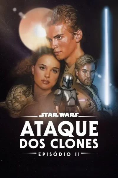 Pôster: Jovem casal, homem barbudo, Yoda e figura blindada no espaço. Planeta laranja e sabres de luz. Clima de aventura sci-fi.