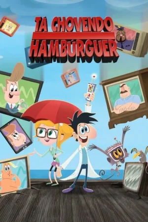 Cientista e mulher com guarda-chuva em cais, cercados por macaco, pássaro e várias telas flutuantes mostrando outros personagens.