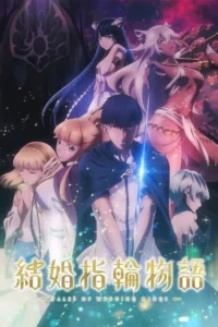 Pôster anime:um homem de capa azul ladeado por várias mulheres de aparências diversas,em um cenário de fantasia mágico.