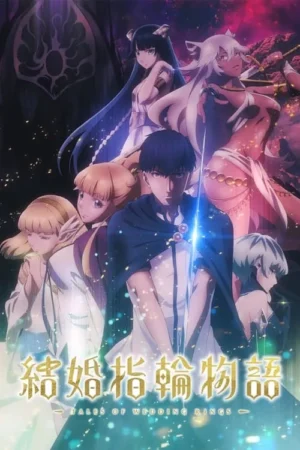 Pôster anime: um homem de capa azul ladeado por várias mulheres de aparências diversas, em um cenário de fantasia mágico.