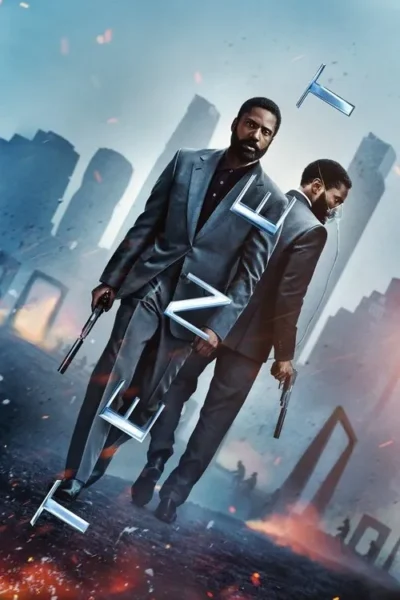 Um homem em terno, de frente e de costas, com armas e letras metálicas flutuantes. Cenário urbano em ruínas com clima de ação intensa.