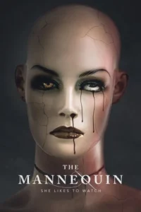 Busto de manequim rachado. Sangue escorre dos olhos, nariz e boca. Maquiagem escura e fundo sombrio criam clima de terror.