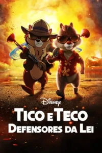 Duas esquilos:uma de desenho com chapéu e arco de êmbolo,outra peluda em camisa havaiana,em fundo de grandes explosões.