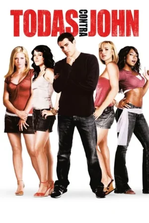 Pôster: Um homem jovem no centro, com quatro mulheres jovens e diversas em roupas casuais ao seu redor, em fundo branco. Clima divertido.