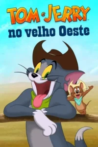 Tom & Jerry no Velho Oeste 5 Gato cinza e rato marrom com chapéus e bandanas de cowboy sorrindo em cerca de madeira, contra céu azul e deserto.