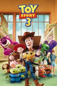 Um grupo de brinquedos animados, incluindo um cowboy, astronauta e urso rosa, sorri em um quarto ensolarado com janelas grandes.