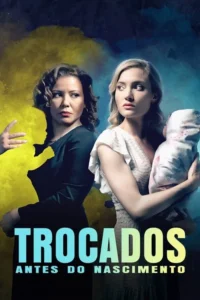 Duas mulheres tensas em fundo azul e amarelo. Uma tem a silhueta de um bebê, a outra segura um bebê pálido.