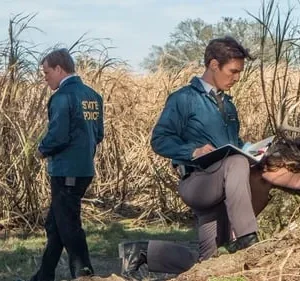 Dois investigadores em um campo com capim alto. Um ajoelha examinando um veado com chifres, anotando. Clima sombrio e rural.