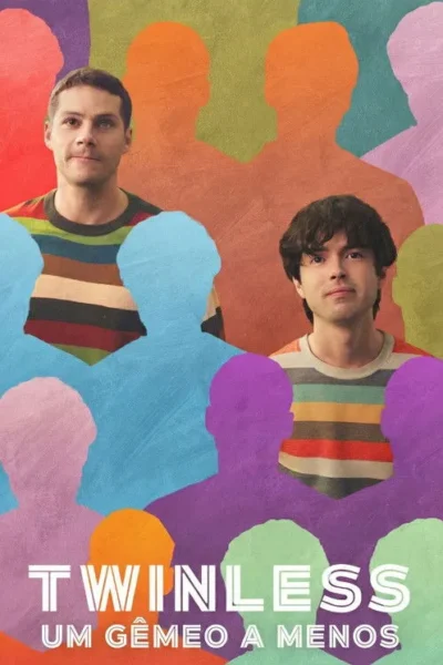 Pôster: Dois jovens em camisas listradas, com olhares pensativos, sobre um fundo vibrante e texturizado de silhuetas coloridas de pessoas.