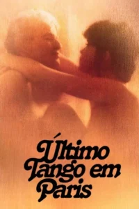 Pôster em tons quentes de laranja com duas silhuetas borradas,uma clara e outra escura,em abraço íntimo. Clima sensual.