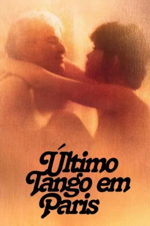 Pôster em tons quentes de laranja com duas silhuetas borradas, uma clara e outra escura, em abraço íntimo. Clima sensual.