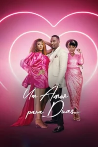 Pôster rosa. Um homem entre duas mulheres elegantes em vestidos cor-de-rosa vibrantes. Fundo com corações neon.