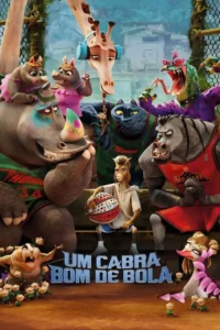 Pôster animado vibrante:um bode com bola de basquete,rodeado por uma girafa,rinocerontes e outros animais em um cenário esportivo animado.