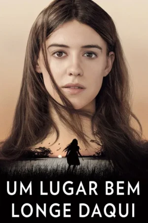 Rosto de jovem mulher séria. Abaixo, silhueta de garota andando em paisagem aquática com pôr do sol. Clima de mistério e solidão.