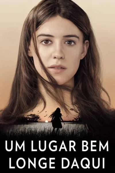 Rosto de jovem mulher séria. Abaixo, silhueta de garota andando em paisagem aquática com pôr do sol. Clima de mistério e solidão.