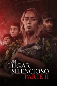 Mulher com bebê,homem barbudo,menina e menino. Olham tensos num cenário escuro avermelhado,evocando perigo e suspense.