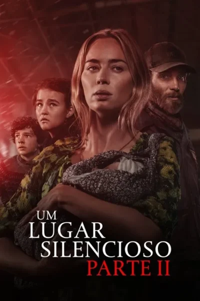 Mulher com bebê, homem barbudo, menina e menino. Olham tensos num cenário escuro avermelhado, evocando perigo e suspense.
