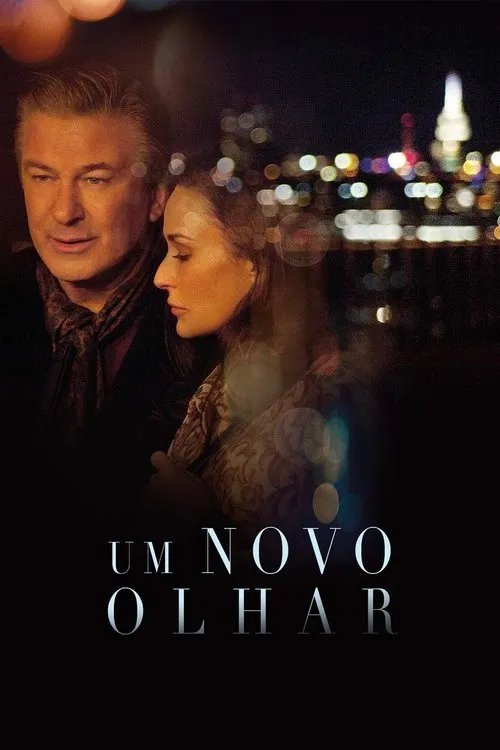 Casal pensativo, homem e mulher, com luzes noturnas da cidade em bokeh ao fundo. Clima melancólico e íntimo.