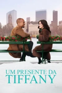 Um casal sorridente em casacos de inverno sentado em bancos decorados num parque nevado,com arranha-céus ao fundo.