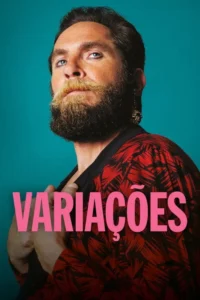Homem barbudo com bigode claro,delineador e brinco,vestindo camisa vermelha estampada,olha para cima em fundo teal.