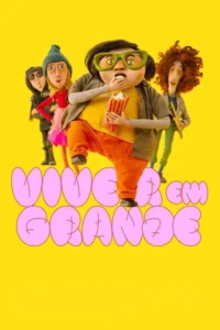 Pôster animado:Personagem de óculos e grande come pipoca. Três figuras peculiares o flanqueiam em fundo amarelo vibrante.