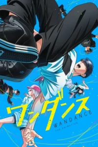 Pôster vibrante com jovens dançarinos de anime em poses dinâmicas contra um fundo azul,com linhas coloridas. Clima energético.