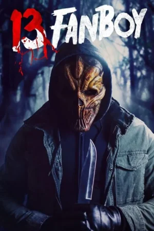 Assassino mascarado com faca em bosque escuro. Máscara meio caveira, meio criatura. Clima de terror.