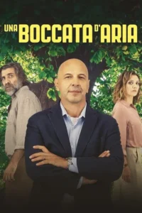 Pôster:Homem careca de blazer no centro,braços cruzados,sério. Homem barbudo e mulher atrás,em frente a folhagem verde.