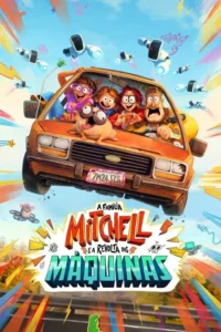 Família animada (duas crianças,dois adultos,um pug) em carro laranja voa entre robôs e doodles tecnológicos. Cena caótica e divertida.
