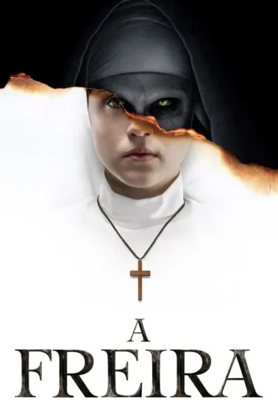 Freira com rosto dividido: metade humana, metade demoníaca de pele escura e olhos verdes, separadas por papel queimado. Colar de cruz.