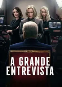 Um homem de costas em uma poltrona,sendo observado por três mulheres sérias. Fundo de estúdio de TV com câmeras.
