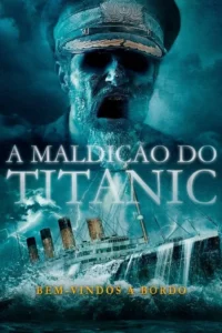 Pôster de terror com um fantasma de capitão gritando acima de um navio afundando em mar tempestuoso com raios. Tons azul-esverdeados.