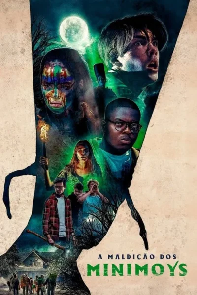 Pessoas assustadas com tochas e machados em cenário noturno sombrio, com uma casa velha sob a lua cheia. Clima de terror e suspense.