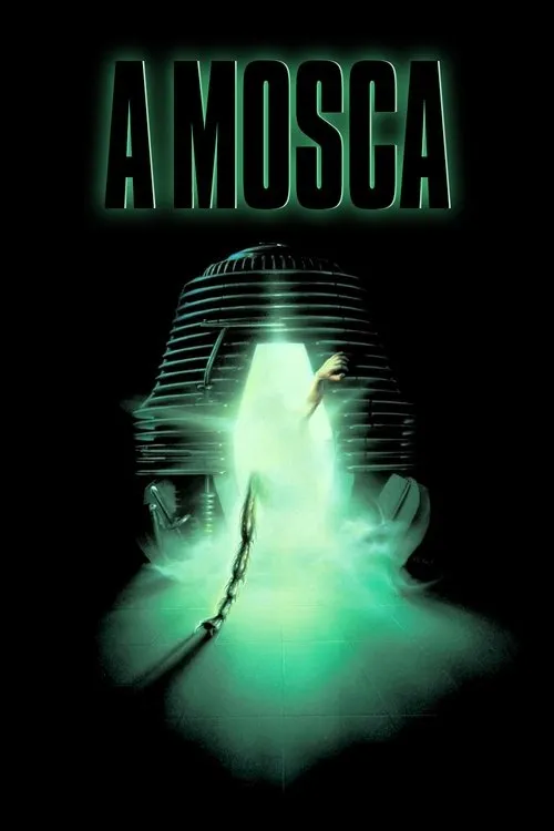 Máquina futurista brilha verde com braço humano e perna de inseto mutante. Ambiente escuro e macabro de ficção científica.