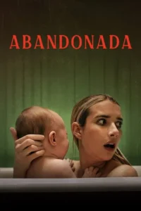 Mulher e bebê em banheira. Ela olha aterrorizada para o lado,segurando o bebê. Fundo verde escuro. Clima de suspense.