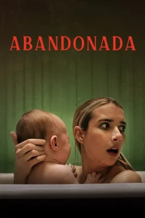 Mulher e bebê em banheira. Ela olha aterrorizada para o lado, segurando o bebê. Fundo verde escuro. Clima de suspense.
