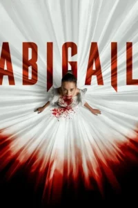 Jovem bailarina ensanguentada em vestido branco, com olhar intenso. O vestido se mescla em um fundo radial de branco e vermelho escuro.