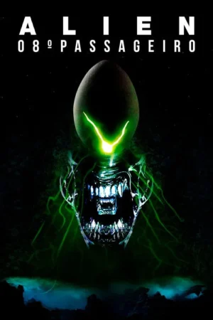 Pôster: uma criatura alienígena com cabeça de ovo escuro e brilho verde sobre uma boca afiada. Cenário cósmico sombrio com névoa verde/azul.