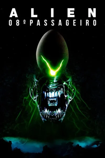 Pôster: uma criatura alienígena com cabeça de ovo escuro e brilho verde sobre uma boca afiada. Cenário cósmico sombrio com névoa verde/azul.