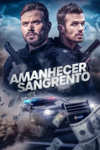 Dois homens com armas,olhar intenso,sob céu dramático. Abaixo,viatura policial em perseguição com dinheiro voando. Ação e crime.