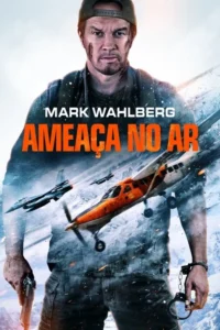 Homem com rosto sujo,boné,pistola e algemas. Avião laranja e jatos sobre montanhas nevadas. Clima de ação e suspense.