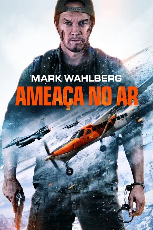 Ameaça no Ar 1 Homem com rosto sujo,boné,pistola e algemas. Avião laranja e jatos sobre montanhas nevadas. Clima de ação e suspense.