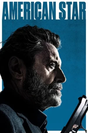 Homem barbudo, de perfil e expressão intensa, segurando uma arma. Fundo azul texturizado. Clima sombrio.