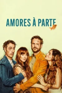 Quatro pessoas (2 homens, 2 mulheres) entrelaçadas, com marcas no rosto e expressões mistas. Fundo amarelo claro e um peixe dourado.