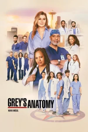Pôster com elenco diversificado de médicos em scrubs e jalecos. Mulher loira em destaque, com cidade e pôr do sol ao fundo.