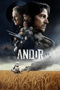 Pôster sci-fi com um homem de perfil,mulher e elenco. Abaixo,stormtroopers em campo de trigo,naves e fumaça no céu. Tensão e conflito.